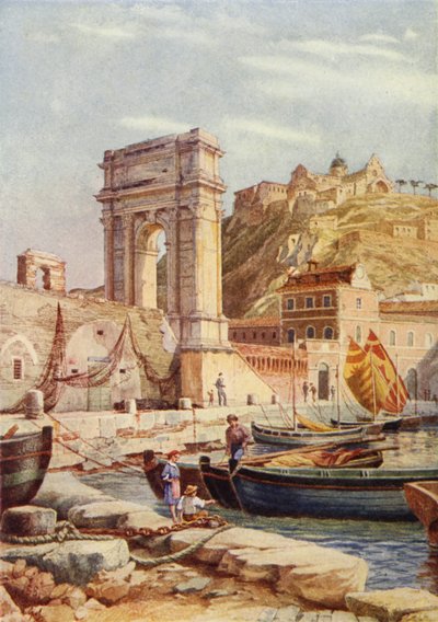 Boog van Trajanus en haven van Ancona, Italië door English School