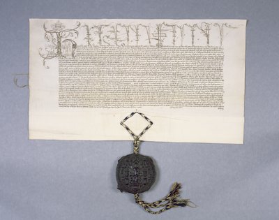 Archief 11980: Oorkonde die de schenking door koning Hendrik VI aan New College Oxford van de landgoederen van Newton Longville vastlegt, 1441 (inkt op perkament) door English School