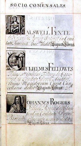 Pagina met drie weldoeners van New College, Oxford; Halswell Tynte, Gulielmus Fellowes en Johannes Rogers, uit een weldoenersboek door English School