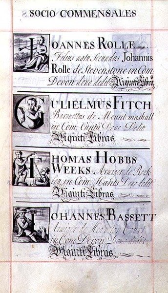 Pagina met vier weldoeners van New College, Oxford; Joannes Rolle, Gulielmus Fitch, Thomas Hobbs Weeks en Johannes Bassett, uit een weldoenersboek door English School
