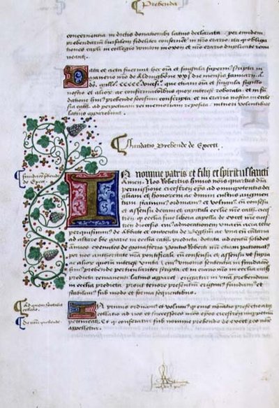 Pagina met tekst en verlichte initiaal, uit het Foundations Book van Robert Sherborne of Shirburn (c.1450-1536) Bisschop van Chichester door English School