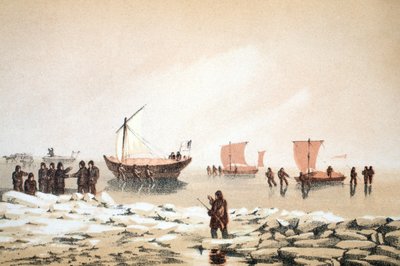 Arctisch reizen, illustratie uit Reis naar Baffinsbaai en Barrow Straits..., 1852 door English School