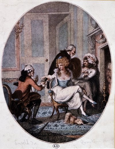 Aristocraat en priester in het gezelschap van prostituees - Engelse gravure door English School
