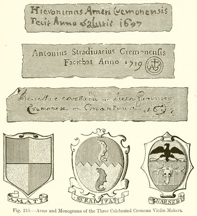Wapens en monogrammen van de drie beroemde Cremona vioolmakers door English School