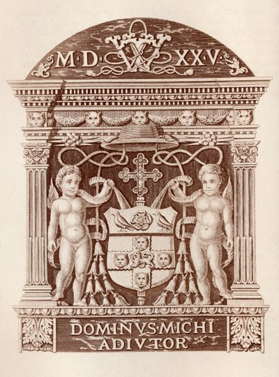 Wapens van kardinaal Wolsey in terracotta in Hampton Court Palace, uit Geschiedenis van Hampton Court Palace in Tudor-tijden door Ernest Law, gepubliceerd in Londen 1885 door English School