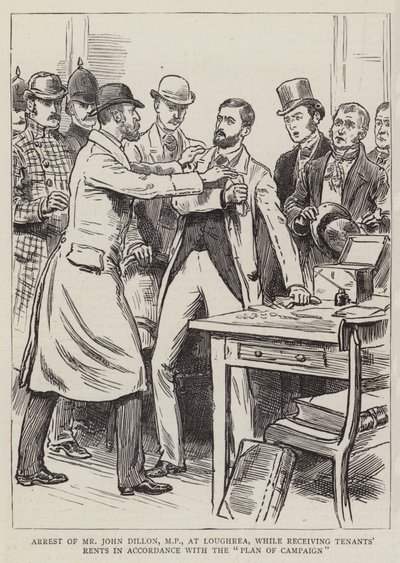 Arrestatie van de heer John Dillon, MP, in Loughrea, terwijl hij huur van pachters ontvangt volgens het "Plan van Campagne" (gravure) door English School