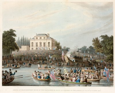 Aankomst bij Brandeburgh House van de Watermannen enz. met een adres aan de Koningin, 3 oktober 1820 door English School