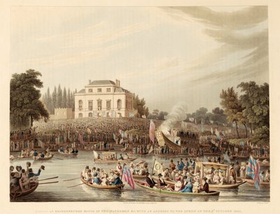 Aankomst bij Brandenburg House van de Watermannen, enz. met een adres aan de koningin op 3 oktober 1820, uitgegeven 1821 door English School