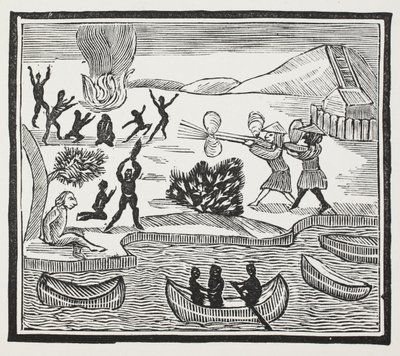 Aankomst van wilden met christelijke gevangene, illustratie uit Chap-books van de achttiende eeuw door John Ashton, uitgegeven 1882 door English School
