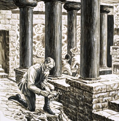 Arthur Evans verkent de overblijfselen van het oude Minoïsche paleis in Knossos door English School
