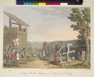 Artillerie, belegeringsmachines en soldaten van de 15e eeuw, illustratie uit 