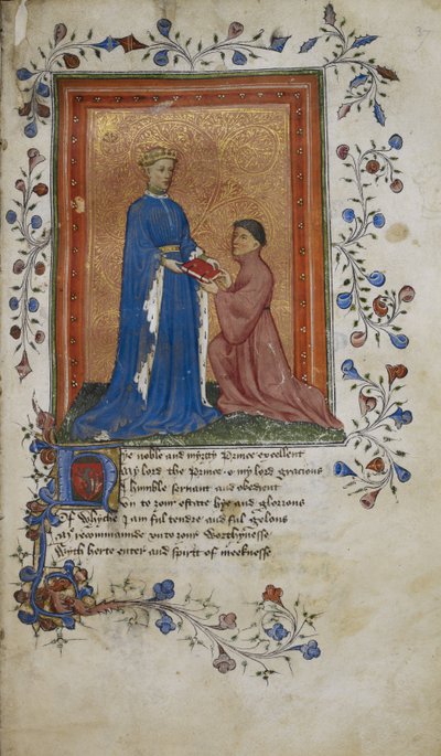 Arundel 38, f.37 Thomas Hoccleve presenteert een boek aan Prins Hendrik van Lancaster, illustratie uit 