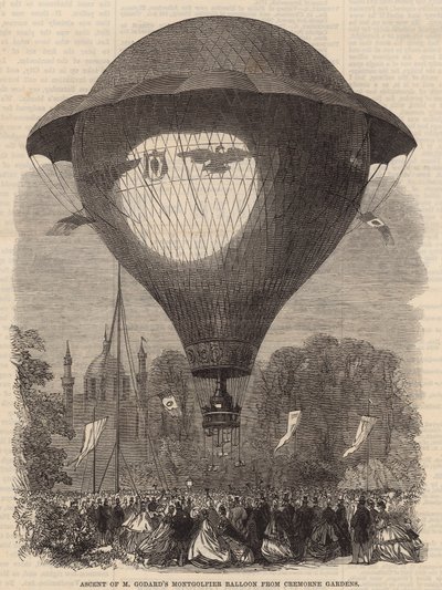 Opstijging van de Montgolfier-luchtballon van M. Godard vanuit Cremorne Gardens door English School
