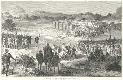 Aanval op het fort van Dina (gravure) door English School