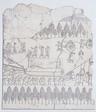 Assyriërs die een Gevleugelde Stier op een Slee verplaatsen, uit Nineveh en zijn Overblijfselen door Austen Henry Layard (1817-94) gepubliceerd 1849 door English School