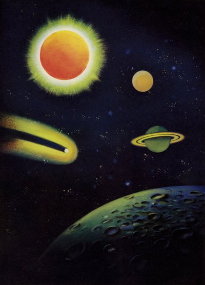Astronomische objecten: de Zon, met zijn corona; de planeten Mars en Saturnus; Coggia