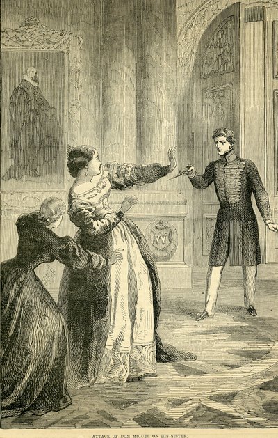 Aanval van Don Miguel op zijn zus, uit Cassells Geïllustreerde Geschiedenis van Engeland, 1857-1858 door English School