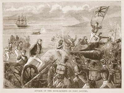Aanval van de Blauwjassen op Port Jacotel, illustratie uit Cassells Geïllustreerde Geschiedenis van India door James Grant, uitgegeven 1879 door English School