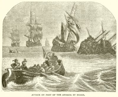 Aanval op een deel van de Armada door Drake door English School