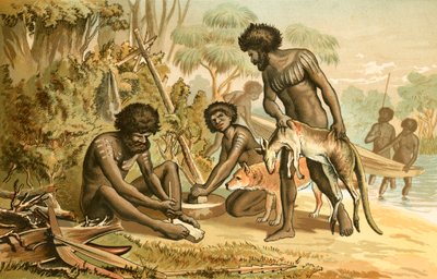 Australische Aboriginals bereiden een maaltijd door English School
