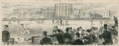 Australische cricketspelers bij Kennington Oval: Lord Harris (kapitein van het Engelse team) redt een 4 door English School