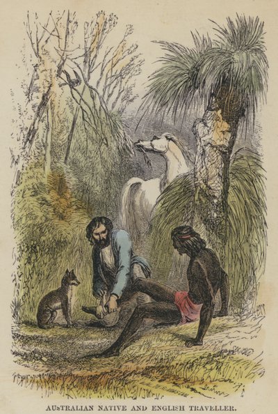 Australische inboorling en Engelse reiziger (gekleurde gravure) door English School