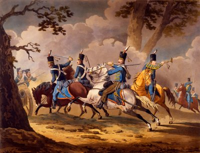 Oostenrijkse infanterie verdedigt hun artillerie tegen Pruisische huzaren, uit de serie Cavalerieacties van de bondgenoten tijdens de Napoleontische campagnes gepubliceerd 1799-1802 door English School