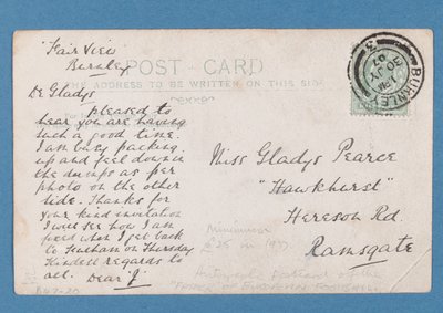 Achterkant van Jim Hogan ansichtkaart, 1907 door English School