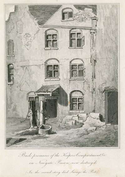 Achterkant van de Bewaardersafdeling in Newgate Gevangenis. Op de tweede verdieping stierf de dichter Richard Savage door English School