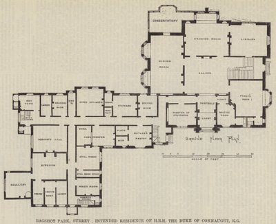 Bagshot Park, Surrey, Voorgenomen residentie van ZKH de Hertog van Connaught, KG (gravure) door English School