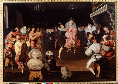 Bal aan het hof van Engeland Muzikanten en dansers. Schilderij van de Engelse school uit de 16e eeuw. Londen, nationaal portretgalerij. door English School