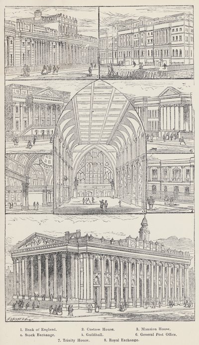 Bank of England, Douanehuis, Mansion House, Beurs, Stadhuis, Hoofdpostkantoor, Trinity House, Koninklijke Beurs (gravure) door English School