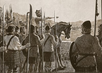 Bannockburn: Bruce inspecteert zijn troepen voor de slag, illustratie uit Cassells Geïllustreerde Geschiedenis van Engeland door English School