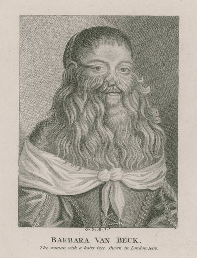 Barbara Van Beck, de vrouw met een harig gezicht, getoond in Londen, 1668 door English School