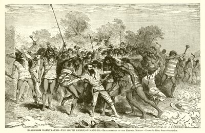 Barbarisme geïllustreerd--De Zuid-Amerikaanse manier.--Uitroeiing van de Crevaux-missie door English School