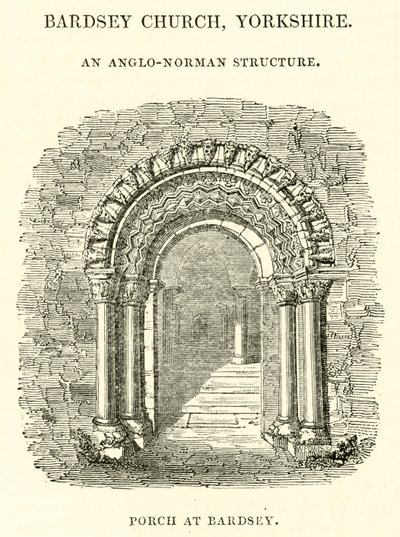 Bardsey Kerk, Yorkshire, een Anglo-Normandische structuur, portiek in Bardsey door English School