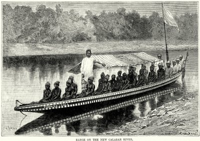 Schuit op de rivier de New Calabar (gravure) door English School