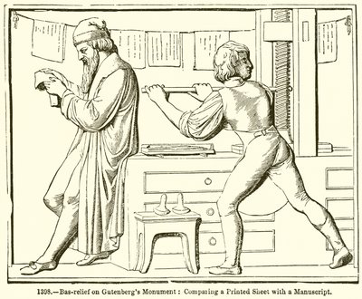 Bas-reliëf op Gutenbergs monument: Een gedrukt blad vergelijken met een manuscript door English School