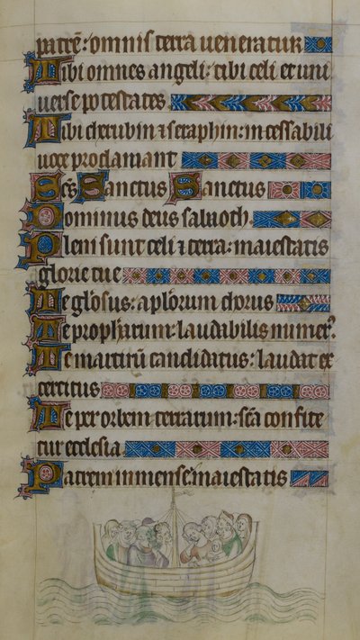 Thomas Becket en metgezellen steken het Kanaal over in een boot terwijl ze in ballingschap gaan naar Frankrijk (illustratie uit de 