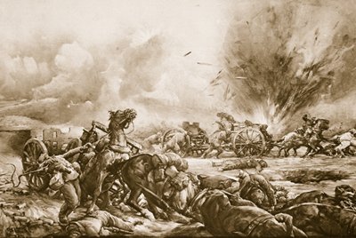 Beierse batterij gevangen door Brits kanonvuur tijdens het optuigen ten zuiden van de Rapaume-weg, 1914-19 door English School