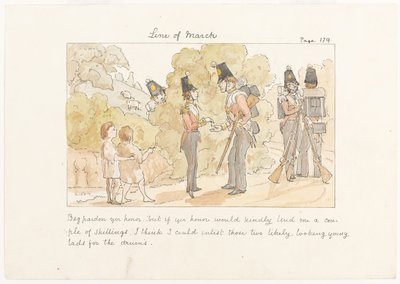 Beg Pardon, meneer, maar als u mij vriendelijk een paar shillings zou willen lenen, denk ik dat ik die twee veelbelovende jonge jongens voor de drums zou kunnen werven, ca. 1850 (aquarel op papier) door English School