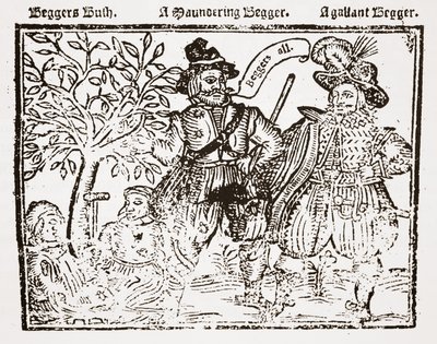 Beggars All: Beggars Bush, een zwervende bedelaar en een galante bedelaar, titelpagina van The Praise, Antiquity and Commodity of Beggary, Beggars and Begging door English School