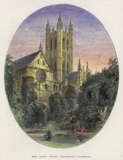 Bell Harry Tower, Canterbury Cathedral, Kent (gekleurde gravure) door English School