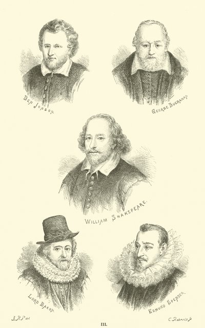 Ben Jonson, George Buchanan, William Shakespeare, Lord Bacon, Edmund Spenser door English School