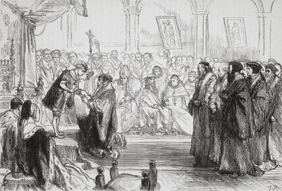 Beza presenteert de belijdenis van de Franse protestantse kerk aan de koning op de Colloquium van Poissy, illustratie uit De Geschiedenis van het Protestantisme door James Aitken Wylie, gepubliceerd in 1878 door English School