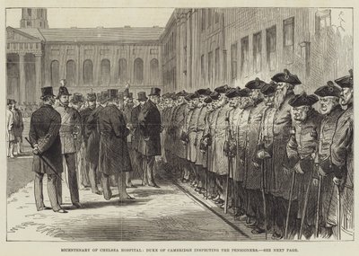 Tweehonderdjarig bestaan van het Chelsea Hospital, Hertog van Cambridge inspecteert de Pensioentrekkers (gravure) door English School