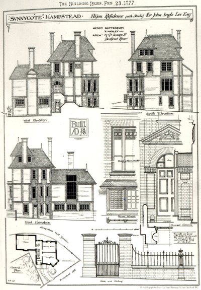 Bijou Residence Sunnycote, Hampstead, (met studio) voor John Ingle Lee Esq, uit The Building News, 23 februari 1877 door English School