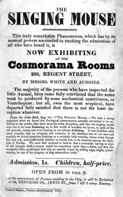 Affiche voor The Singing Mouse tentoonstelling in de Cosmorama Rooms, 209 Regent Street, c. 1836 door English School