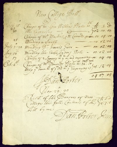 Rekening van Daniel Porter aan New College, 1690 door English School