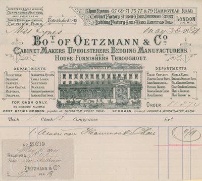 Rekening van Oetzmann & Co, meubelmakers, stoffeerders, beddenfabrikanten en woninginrichters door English School